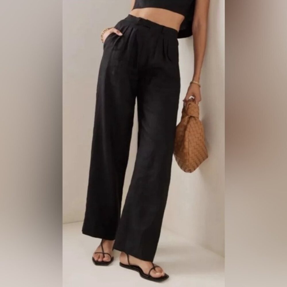 NWT ELIE TAHARI LINEN BLEND Wide Leg DARK NAVY Trousers ETR31124 97064 Sz 10